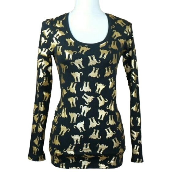 NWT S Gold foil cats long sleeve tee - Picture 1 of 2